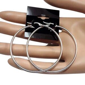 2 Inch 50mm Thin Hoop Pierced Post Earrings Silver Tone 2mm Band